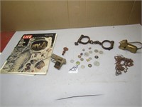 HAND CUFFS, BRASS BULL DOG LOCK, TOKENS, CAP PISTL