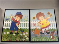 VINTAGE Pair Raggedy Ann & Andy gardening PICTURE