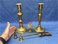 Brass candlesticks & candle snuffers