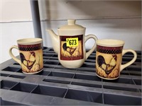 Rooster teapot, mugs (2) set