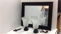 Black Framed Mirror W/ 2 Black Framed Lamps