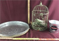 Galvanized Pail & Serving Tray And Bird Cage\