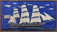 FRAMED AMERICAN PIECED & CREWEL FOLK ART OF A SHIP