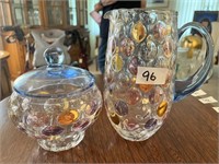 UNUSUAL GLASS PITCHER AND COVERED CANDY