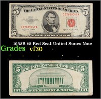 1953B $5 Red Seal United States Note Grades vf++