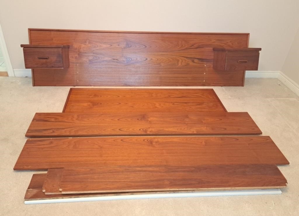 Queen Teak bed set. Head board has built in side