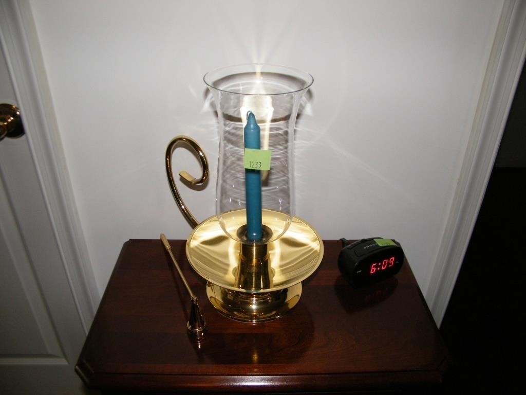 BRASS CANDLE WITH GLOBE, SNUFFER & CLOCK