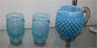 Vtg Hobnail Blue Glass Pitcher and Two Bud Vases