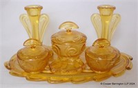 Bagley Art Deco Amber Glass Seven Piece Vanity Set