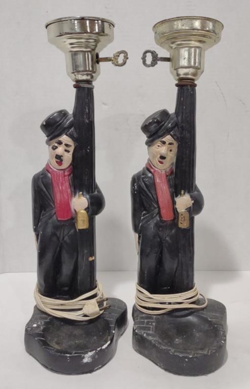 Chalkware Drunk Charlie Chaplin Leaning on Lamp