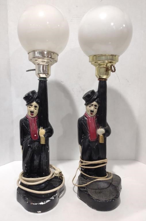 Chalkware Drunk Charlie Chaplin Table Lamps w/