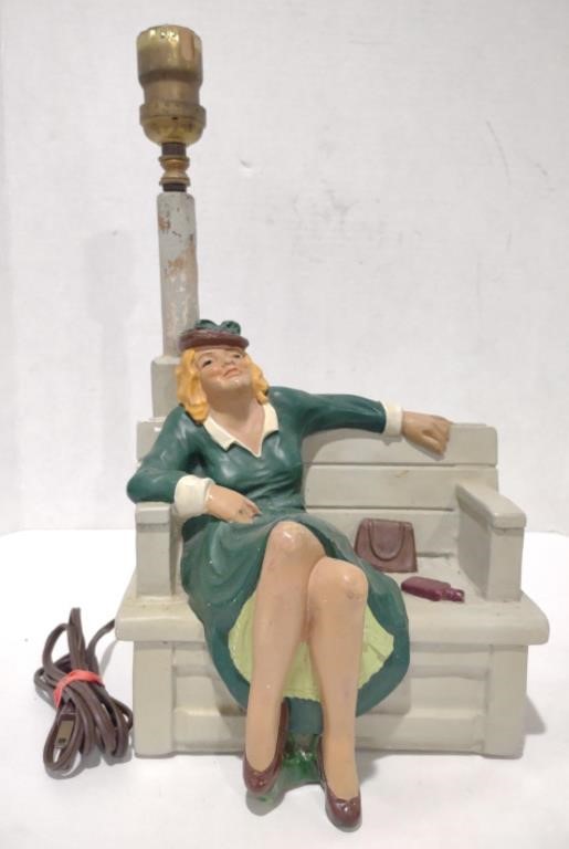 Chalkware Drunk Woman on Bench Table Lamp, 8" x