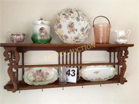 shelf with cup hooks & decorative plates, vases,