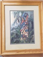 Signed Gwen Butcher Totem Pole Artwork, Framed