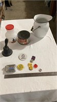 Enamel pitcher, beer nut tin can, pins, bell,