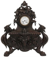 Figural Carved Oak Griffin Mantle Clock