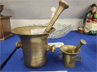 TWO BRASS MORTAR AND PESTLE SETS