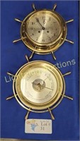 TWO SHIP'S WHEEL THEMED CLOCK AND WEATHER STATION