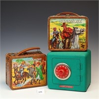 Vintage tin lunch boxes and Fort Knox toy safe