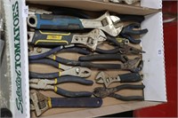 BOX OF ASSORTED PLIERS & WRENCHES