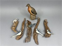Group of 5 Hand carved Birds & 1 Dove