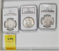 3 MORGAN SILVER DOLLARS 1882/86, 1901 MS63/64