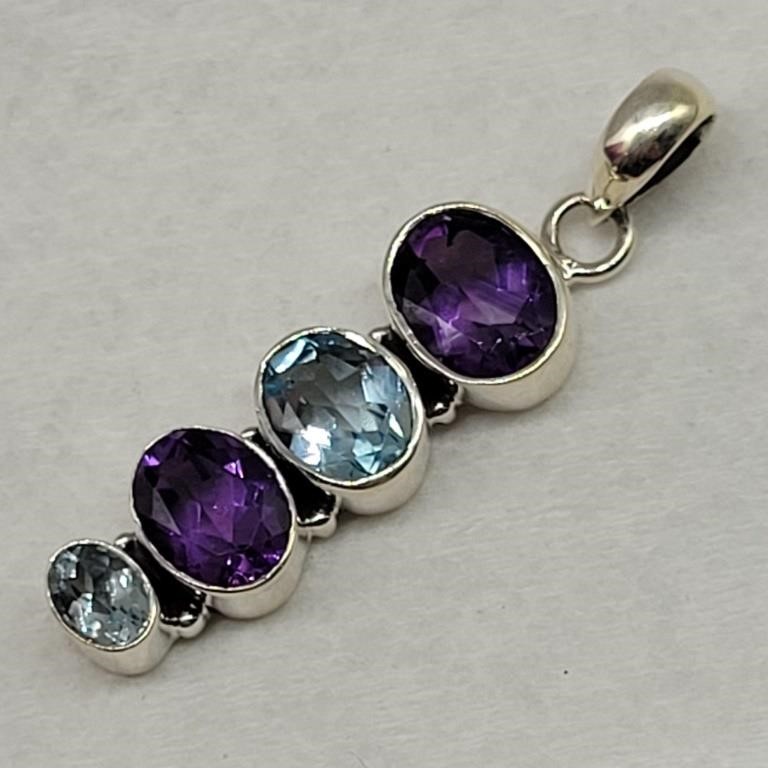 925 SILVER AMETHYST & AQUAMARINE PENDANT TESTED