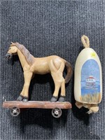 Decorative Buoy, Wooden Horse on Wheels