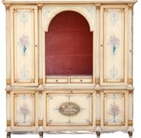 PAINTED BOOKCASE WITH FLOWERS AND GOLD TRIM