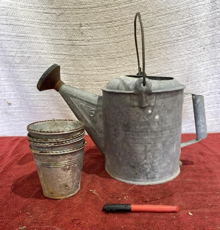 Vintage Galvanized Watering Jug w/4 pots