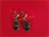 Vtg 30's Carved Wooden Theatre Mask earrings