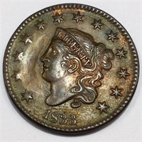 1833 Coronet Head Large Cent AU/BU