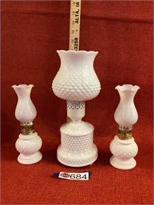 Milk glass - 2 lamps and 1 candle holder