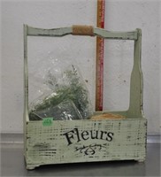 Wood flower carrier, burlap, plastic greenery