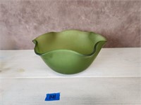 Vtg Satin Glass Lg Green Bowl