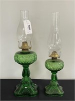 2 Green Pressed Glass Oil Lamps