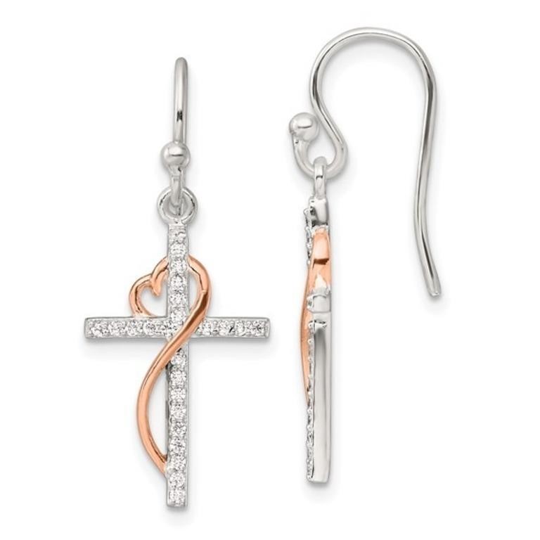 Sterling Silver- Heart Cross Dangle Earrings