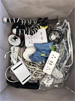 BASKET OF PLUGS, CORDS AND MISC