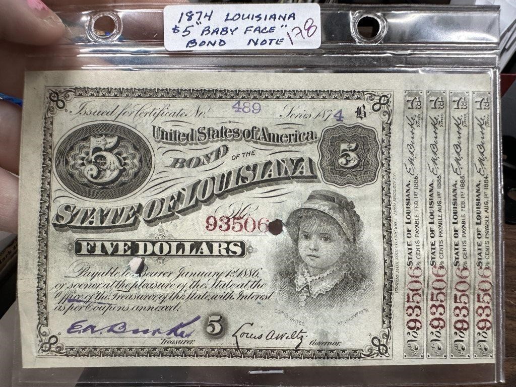 1874 LOUISIANA $5 BABY FACE BOND NOTE