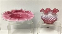 Possible Fenton cranberry hob nail vase and a