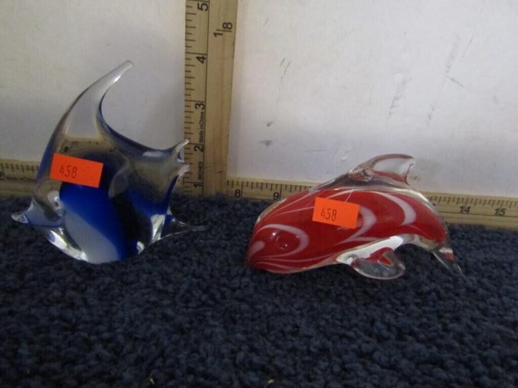 2-- ART GLASS PAPER WEIGHTS -- CHIPS ON FINS