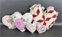 Five Handmade Quilted/Embroidered Heart Pillows