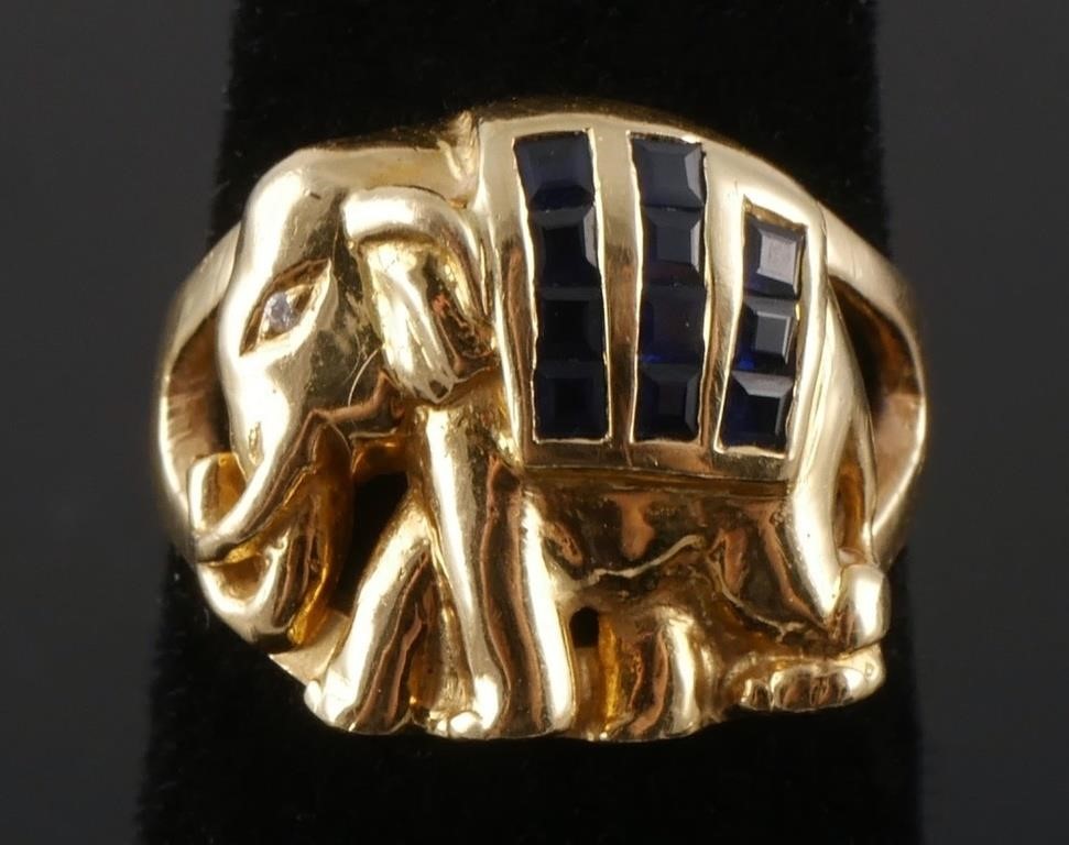 24K Gold Diamond Sapphire Elephant Ring