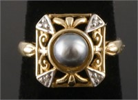 14K Gold Diamond Black Pearl Ring