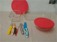 Pyrex baking dishes with knives