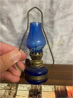 Antique cobalt blue miniature oil lamp