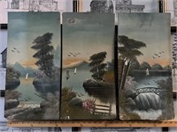 Three Antique Japanese Painted Panels of Lake,
