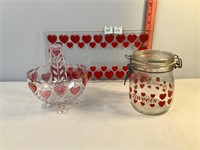 Heart Themed Glass Tray, Canister & Basket