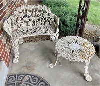 Cast iron patio bench and side table