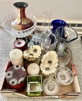 Flat of home décor, vases, candleholders